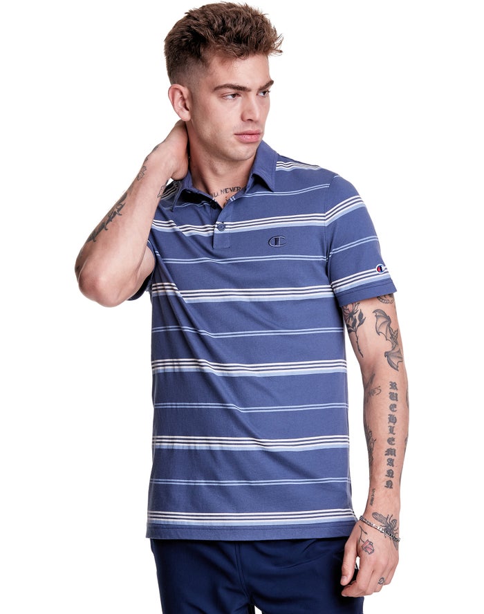 Champion T-Shirt Heren - Blauw/Wit - Jersey Stripe Polo ( 486712-ZVW )